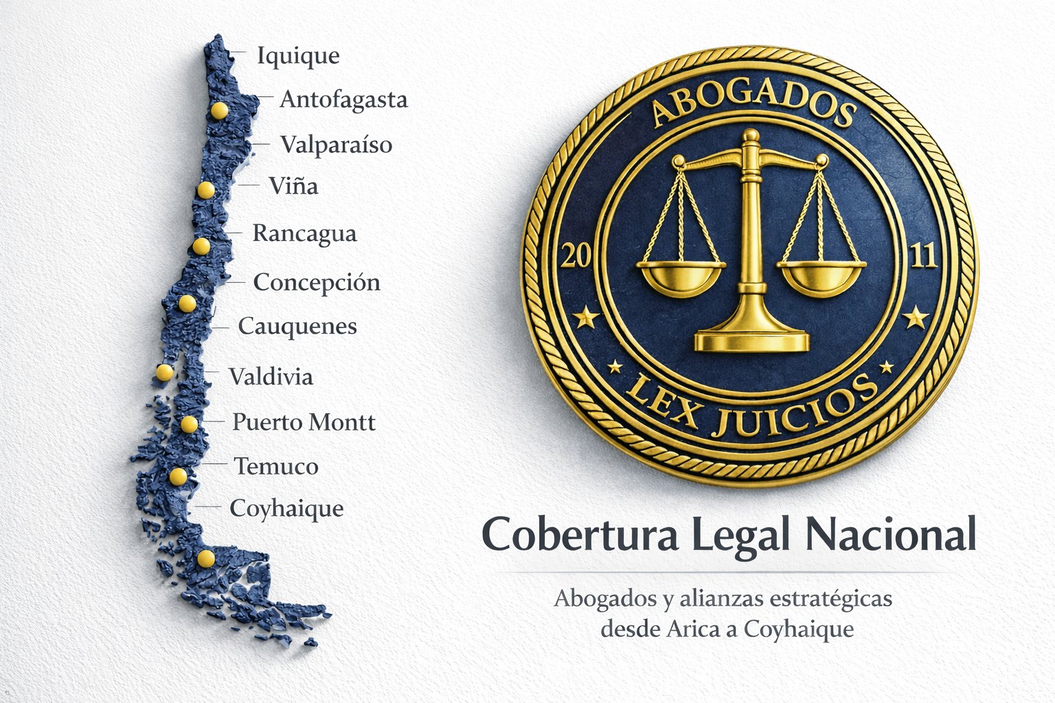 Mapa de cobertura legal nacional de Lex Juicios, de Arica a Coyhaique